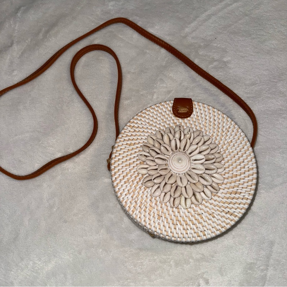 Round Woven Beach Bag with Floral Design
